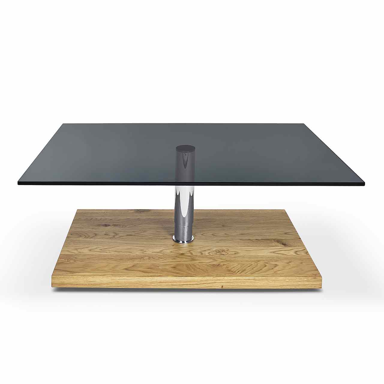 Ronald Schmitt – Couchtisch Kolo K 736 | Tischplatte Parsolglas grau 110x70, Sockel Wildeiche Natur, unten Couchtisch mit rechteckiger grauer Glasplatte auf eckigen Holz-Sockel.