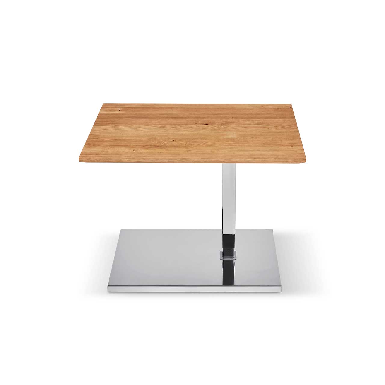 Ronald Schmitt - Beistelltisch Duett K 529 - unten | Tischplatte Wildeiche Natur, Sockel Edelstahl Beistelltisch mit rechteckiger Tischplatte aus hellem Holz auf rechteckigem Sockel in Edelstahl.