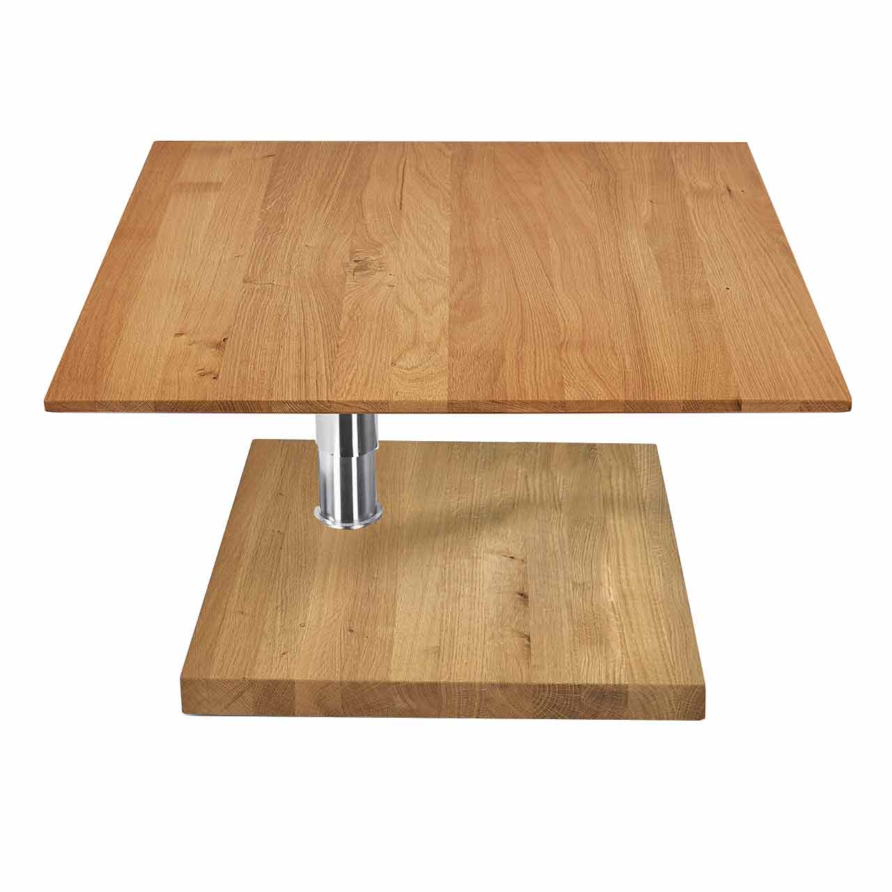 Ronald Schmitt – Couchtisch K 733 Tischplatte und Sockel Wildeiche Natur, Säule Chrom Couchtisch mit quadratischer Tischplatte aus hellem Holz auf eckigem Holz-Sockel. Tisch runtergefahren.