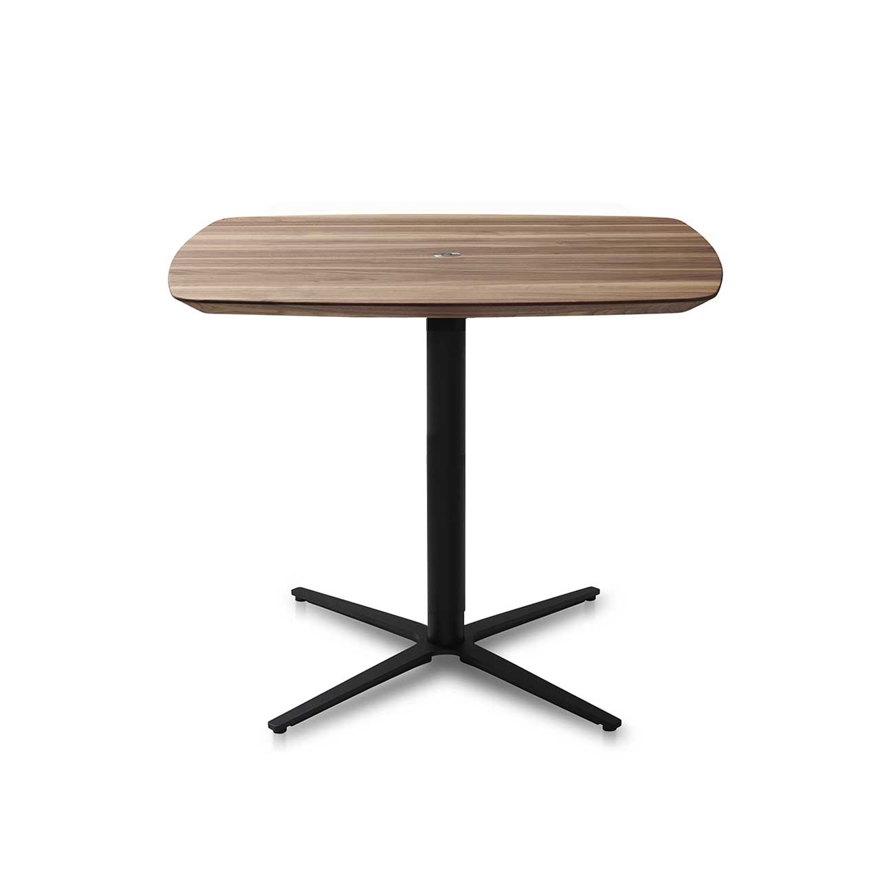 Ronald Schmitt – Triplex P430 bombiert | 90x90 cm, Tischplatte Nussbaum, Sternfuß schwarz Hochgefahrener Tisch mit dunkler Holz-Tischplatte und schwarzem kreuzförmigem Gestell.