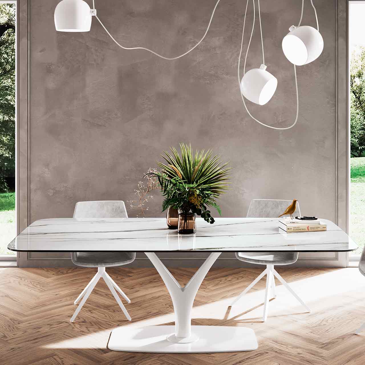 Ronald Schmitt  – Esstisch Fly  – Aquila P 2021 | Tischplatte Keramik Calacatta, Gestell Weiß