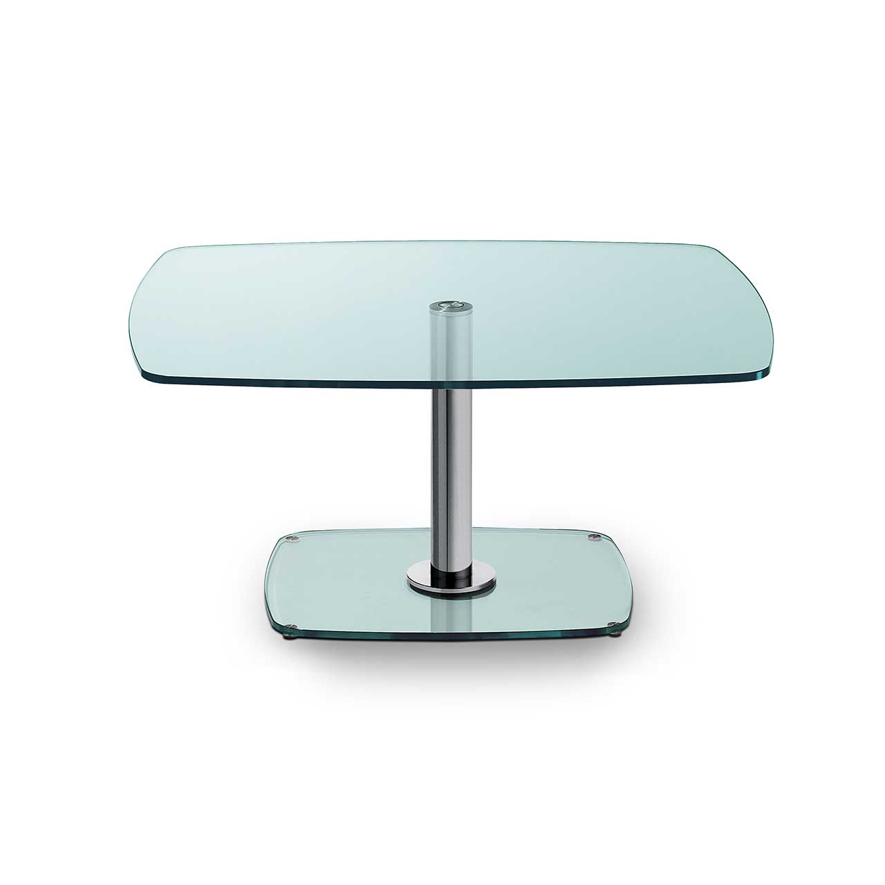 Ronald Schmitt - Triplex Klassiker P432 bombiert | Tischplatte Floatglas 110x70cm Glastisch mit an den Ecken abgerundeter breiter Tischplatte und gleichförmiger Sockelplatte.