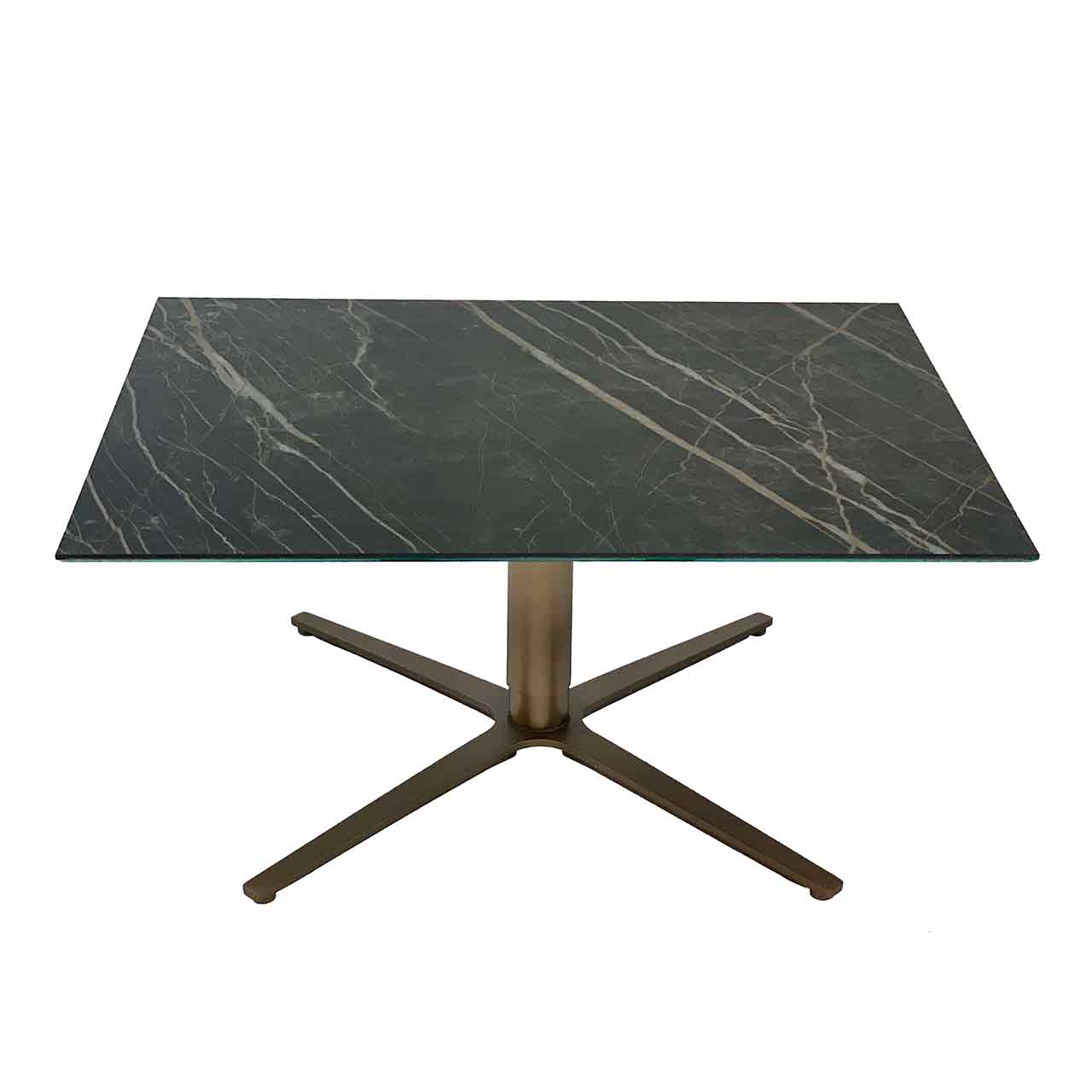 Ronald Schmitt – Couchtisch Duett K 536 | Tischplatte Keramik Noir Desire, Säule und Sternfuß in Bronze Couchtisch mit dunkel gemaserter Keramik-Tischplatte auf kreuzförmigem Gestell in Farbe Bronze.