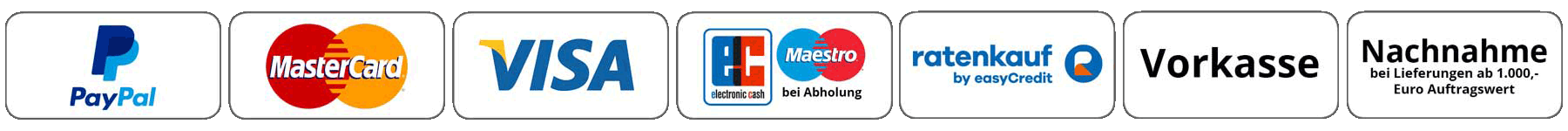 Hier sehen Sie die Logos von Paypal, Mastercard, Visa, EC Maestro, easyCredit, Vorkasse und Nachnahme.