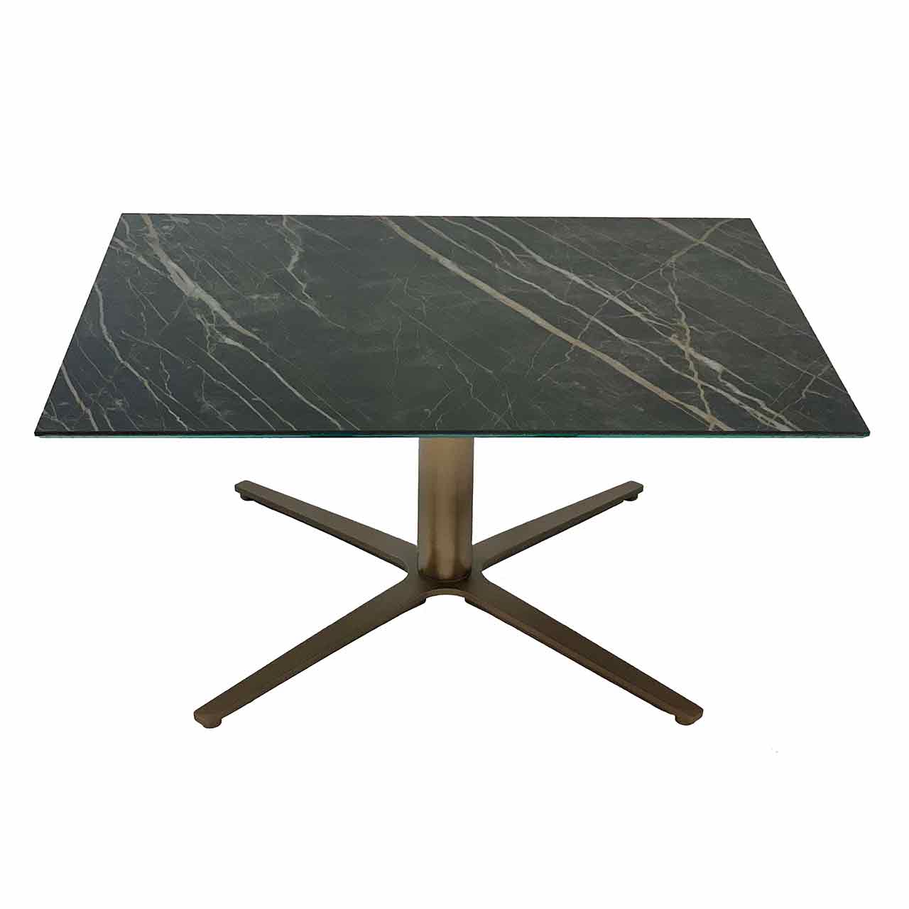 Ronald Schmitt – Couchtisch Kolo K 736 | Tischplatte Keramik Noir Desire 110x70, Sternfuß Bronze, unten Couchtisch mit dunkler Keramik-Tischplatte auf sternförmigem Gestell in Farbe Bronze.