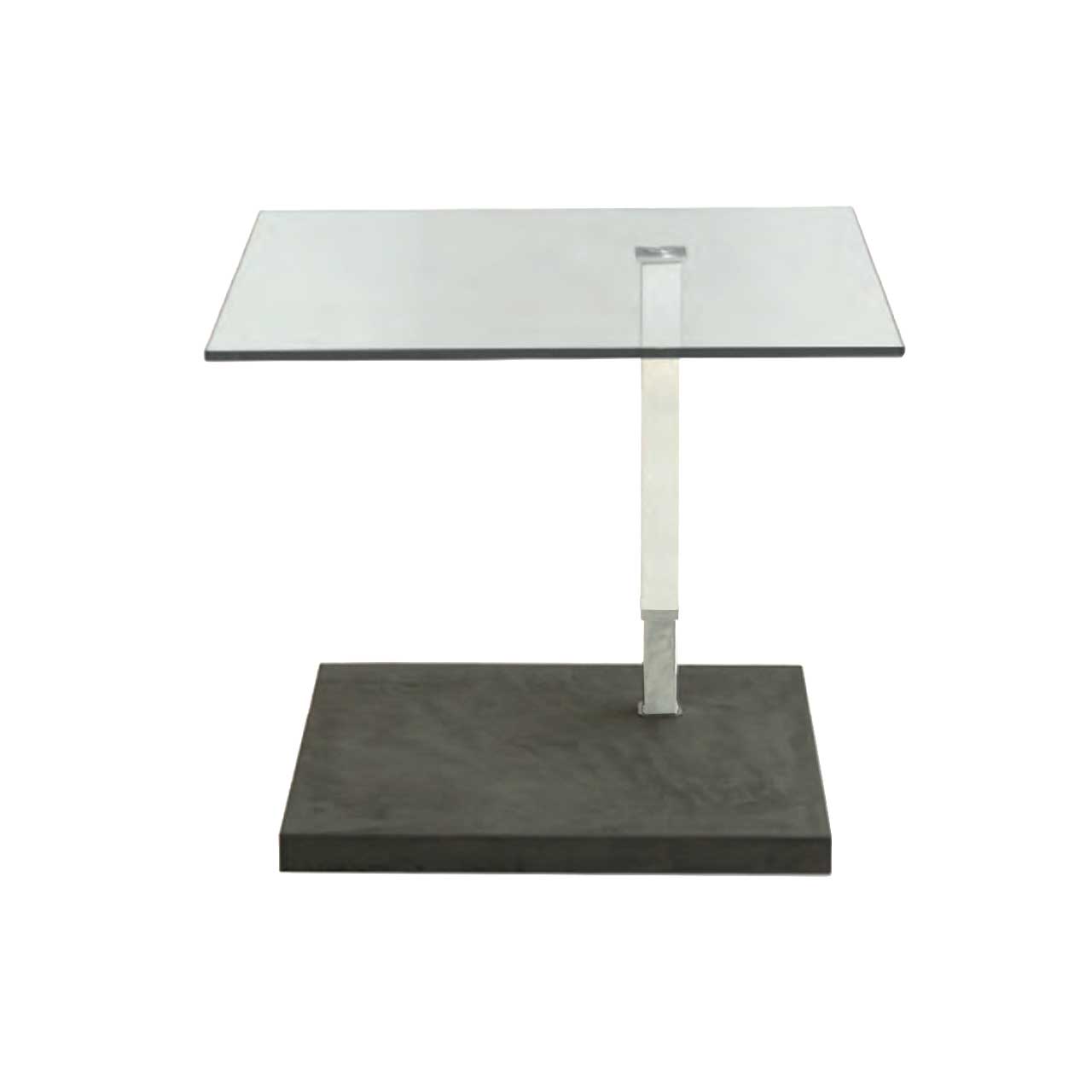 Ronald Schmitt – Beistelltisch Tiso K 929 - oben | Bild Sockel MDF Betonoptik Beistelltisch mit rechteckiger Tischplatte aus Glas auf eckiger Bodenplatte in dunkler Betonoptik. Tisch ist hochgefahren.