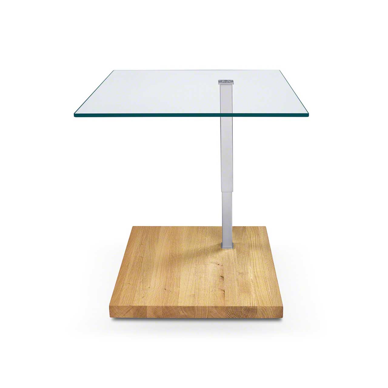 Ronald Schmitt – Beistelltisch Jacky K 926 - oben | Tischplatte Floatglas, Sockel Wildeiche Beistelltisch mit quadratischer Tischplatte aus Glas auf eckiger Bodenplatte aus hellem Holz. Tisch ist hochgefahren.