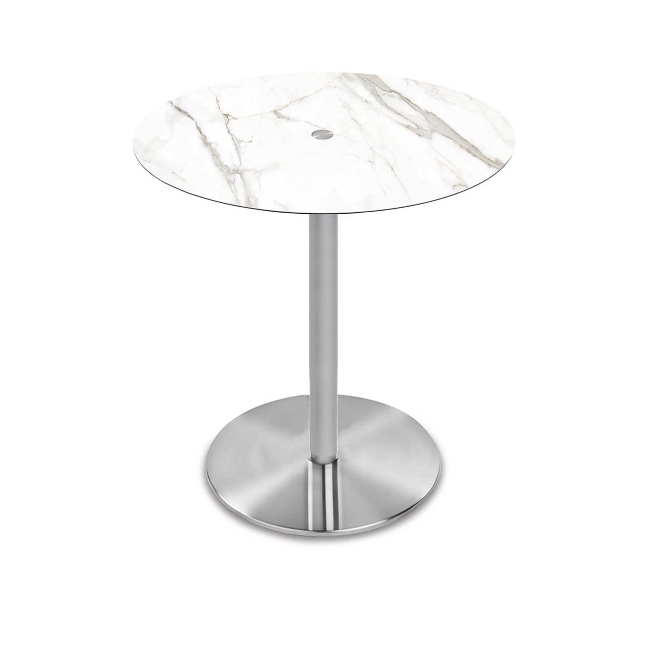 Ronald Schmitt – Triplex P431 rund | 90cm, Tischplatte Optiwhite-Nano Calacatta, Bodenplatte rund Edelstahl mattiert Tisch mit runder Tischplatte aus hell gemaserter Keramik auf runder Edelstahl Bodenplatte.