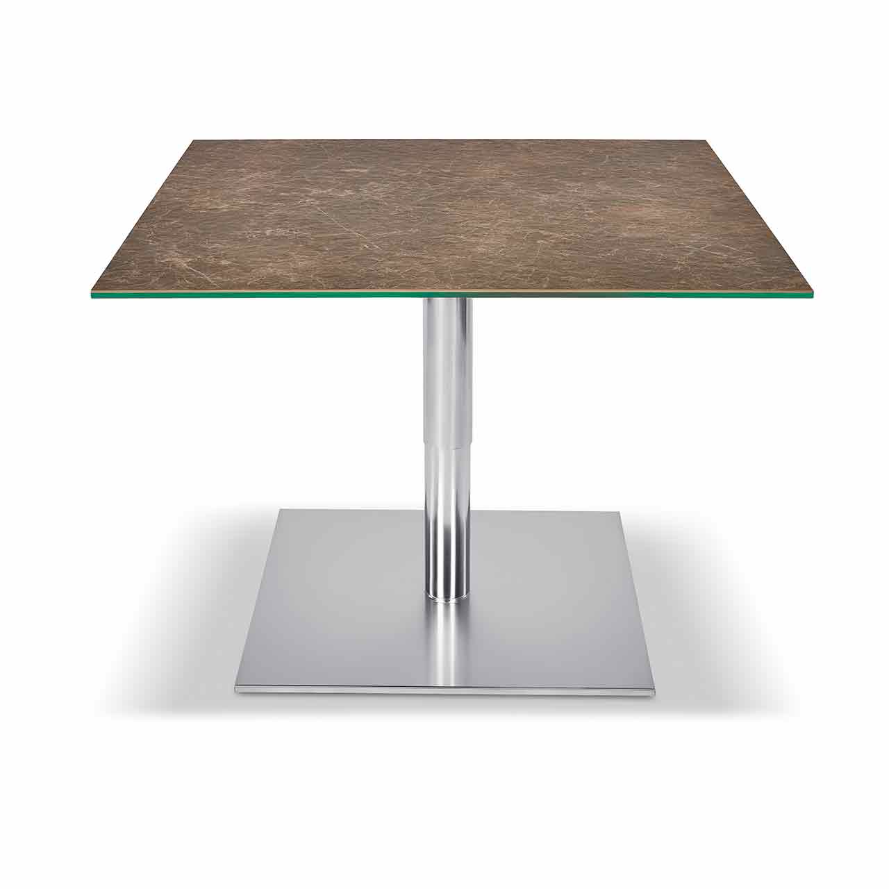 Ronald Schmitt – Couchtisch Sokrates K 570 | Tischplatte Keramik Marmor dunkel, oben Couchtisch mit eckiger Marmor-farbiger Tischplatte auf eckiger Bodenplatte aus Edelstahl. Tisch hochgefahren.