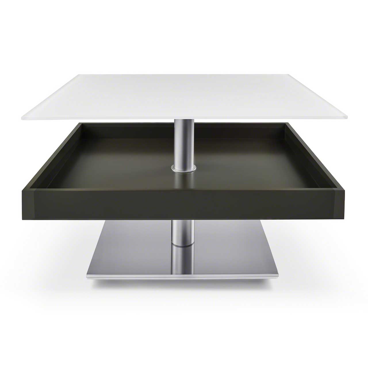 Ronald Schmitt – Couchtisch Janus K 468 | Tischplatte Optiwhite Nano, Korpus MDF Grau, Sockel Edelstahl geschliffen, geöffnet Stauraum-Couchtisch mit rechteckiger Glasplatte auf dunkelgrauem Korpus. Platte geöffnet. Eckiger Edelstahl-Sockel.
