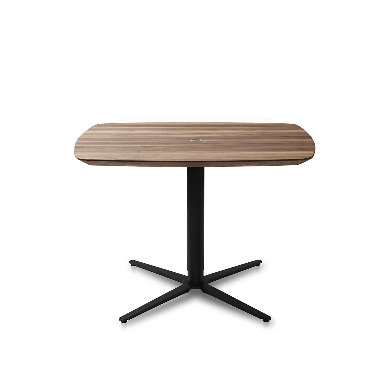 Ronald Schmitt - Triplex P432 | 90x90 cm, Tischplatte Nussbaum, Sternfuß schwarz Tisch mit an den Ecken abgerundeter Tischplatte aus dunklem Holz auf schwarzem Sternfuß
