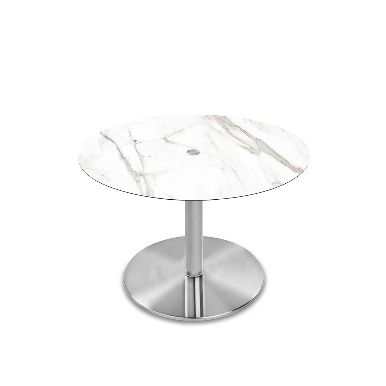 Ronald Schmitt - Triplex P432 rund | 90cm, Tischplatte Optiwhite-Nano Calacatta, Bodenplatte rund Edelstahl mattiert Tisch mit runder Tischplatte aus hell gemaserter Keramik auf runder Edelstahl-Bodenplatte.